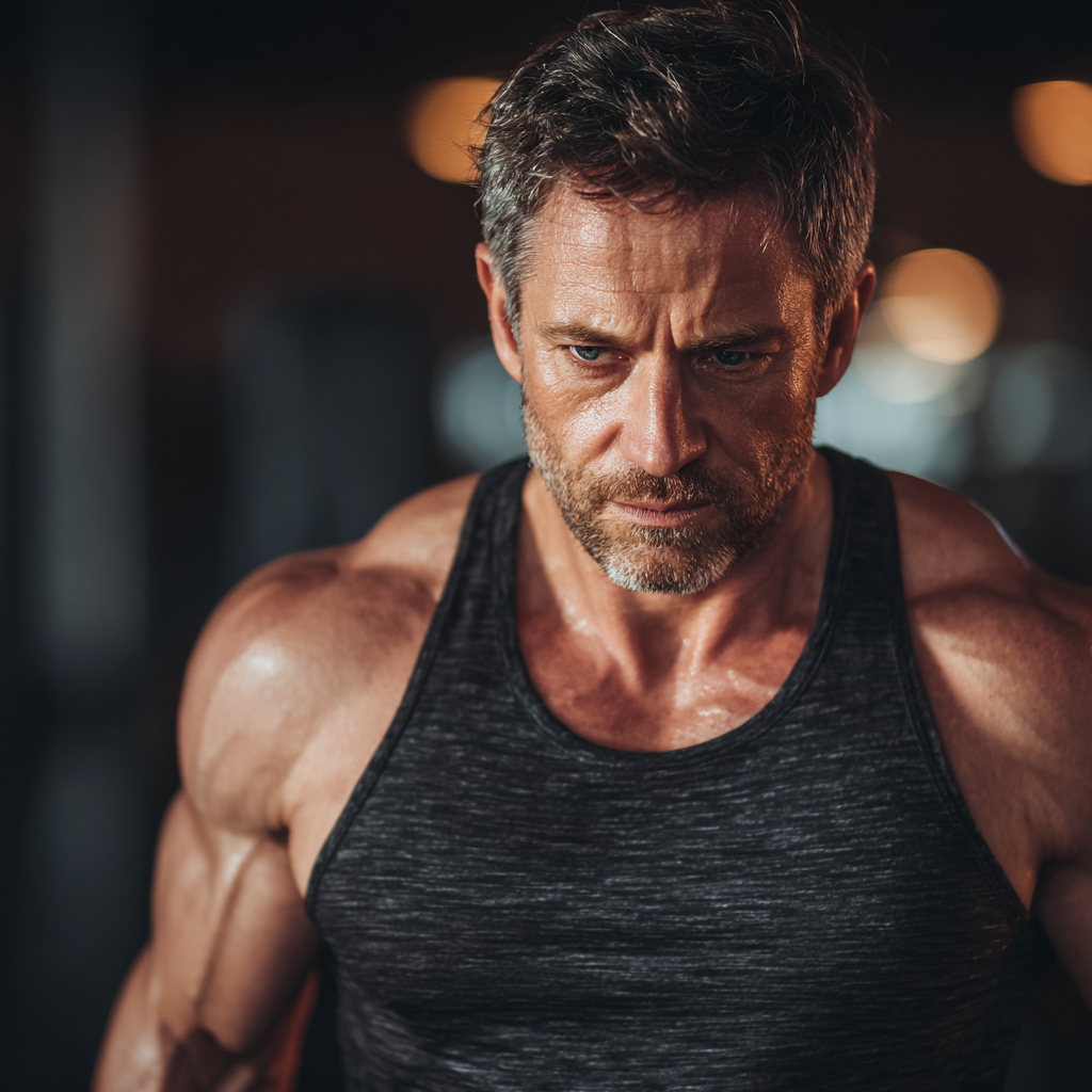 Strong confident man working out in modern gym with determination and focus